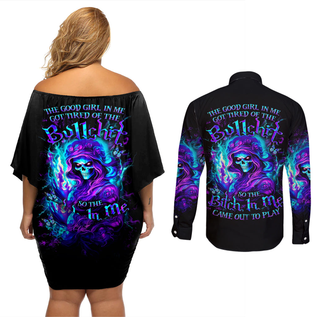 Flame Girl Skull Couples Matching Off Shoulder Short Dress and Long Sleeve Button Shirt The Good Girl In Me Got Tired Of The Bullshit - Wonder Print Shop