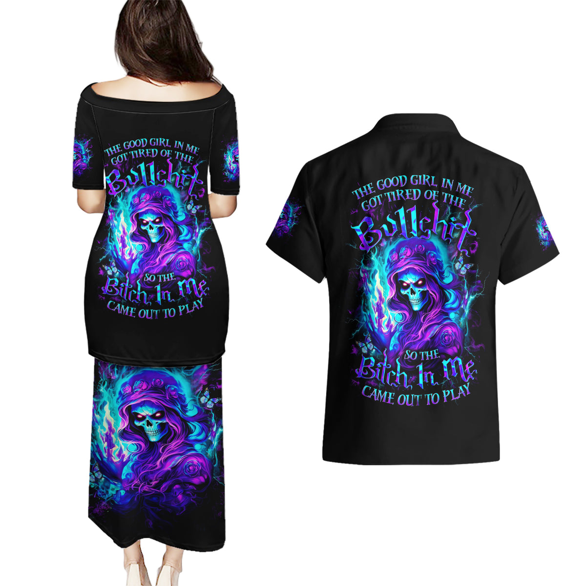 Flame Girl Skull Couples Matching Puletasi and Hawaiian Shirt The Good Girl In Me Got Tired Of The Bullshit - Wonder Print Shop