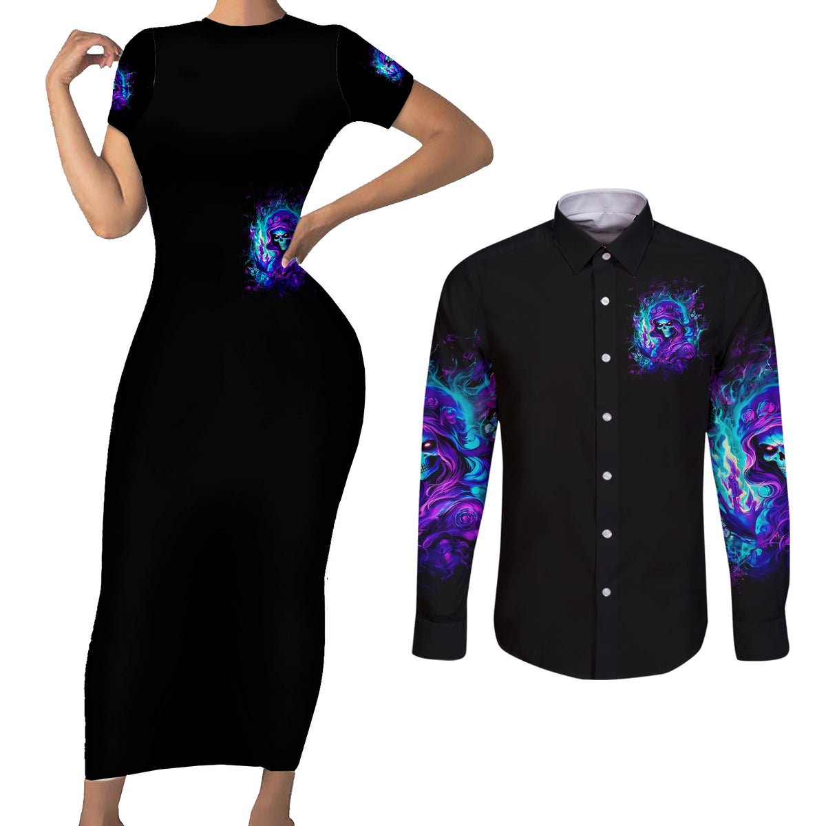 Flame Girl Skull Couples Matching Short Sleeve Bodycon Dress and Long Sleeve Button Shirt The Good Girl In Me Got Tired Of The Bullshit - Wonder Print Shop