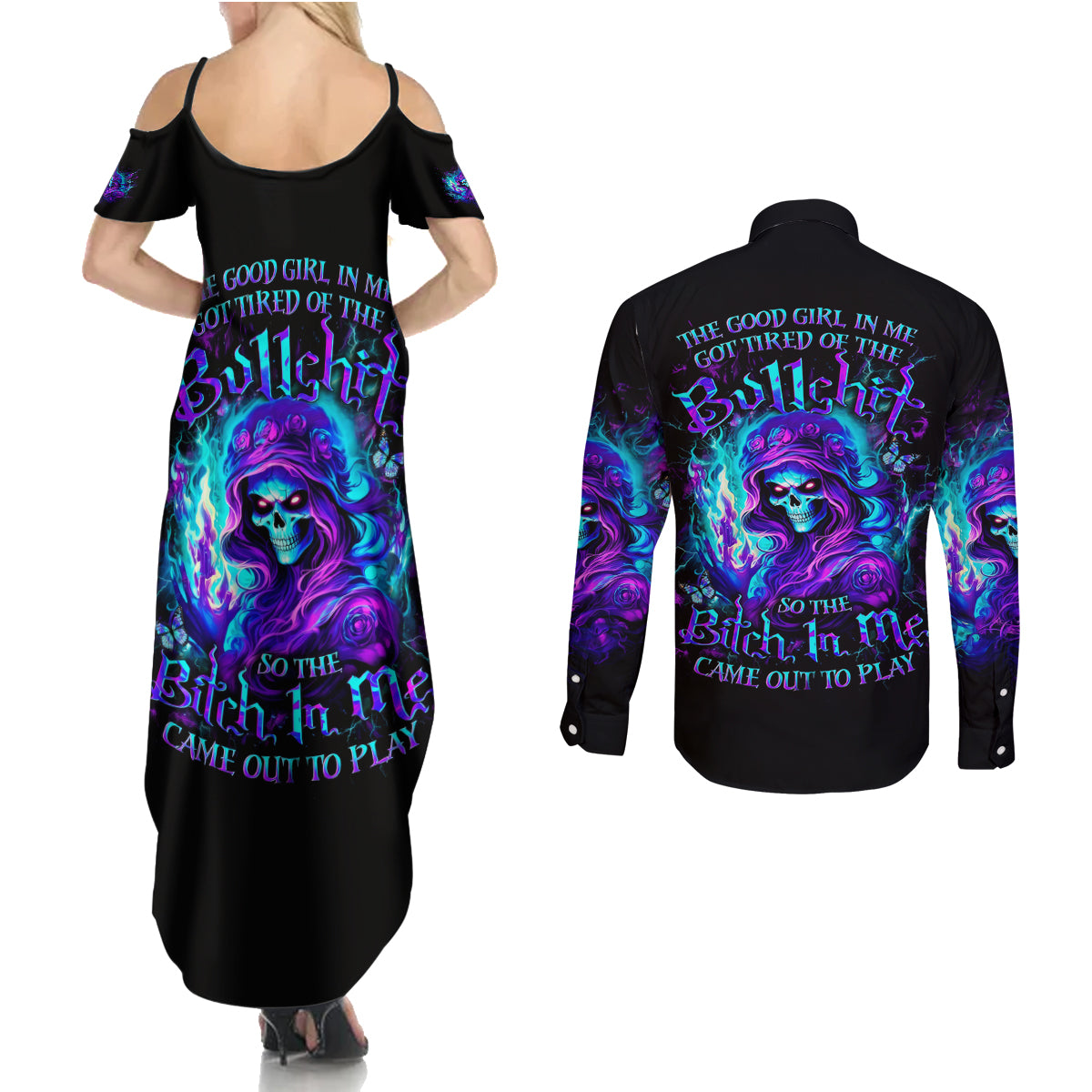 Flame Girl Skull Couples Matching Summer Maxi Dress and Long Sleeve Button Shirt The Good Girl In Me Got Tired Of The Bullshit - Wonder Print Shop
