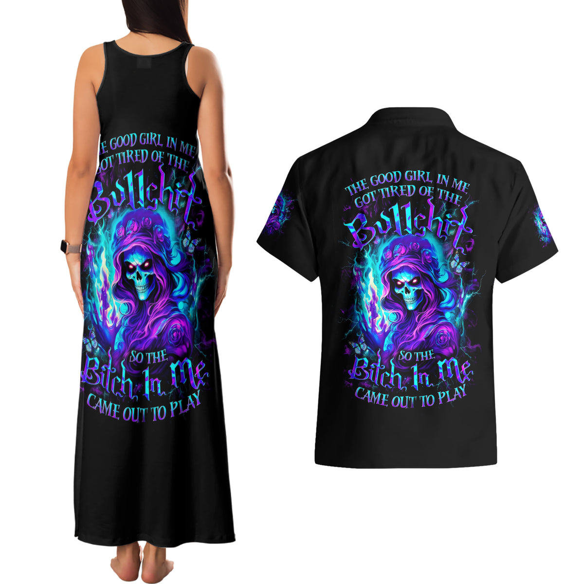 Flame Girl Skull Couples Matching Tank Maxi Dress and Hawaiian Shirt The Good Girl In Me Got Tired Of The Bullshit - Wonder Print Shop