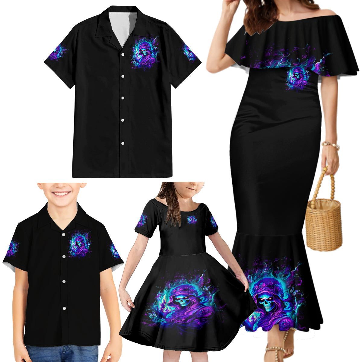 Flame Girl Skull Family Matching Mermaid Dress and Hawaiian Shirt The Good Girl In Me Got Tired Of The Bullshit - Wonder Print Shop