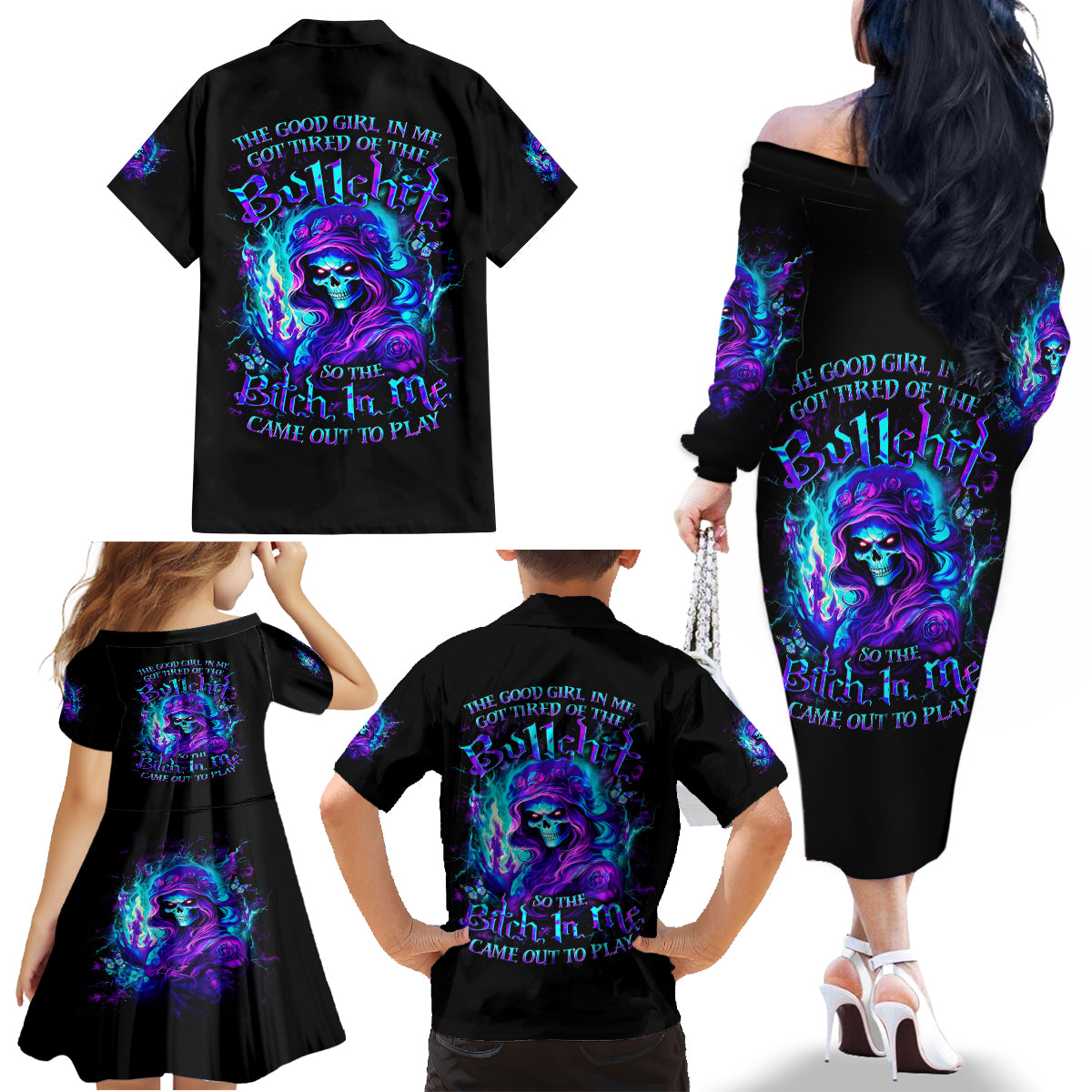 Flame Girl Skull Family Matching Off Shoulder Long Sleeve Dress and Hawaiian Shirt The Good Girl In Me Got Tired Of The Bullshit - Wonder Print Shop