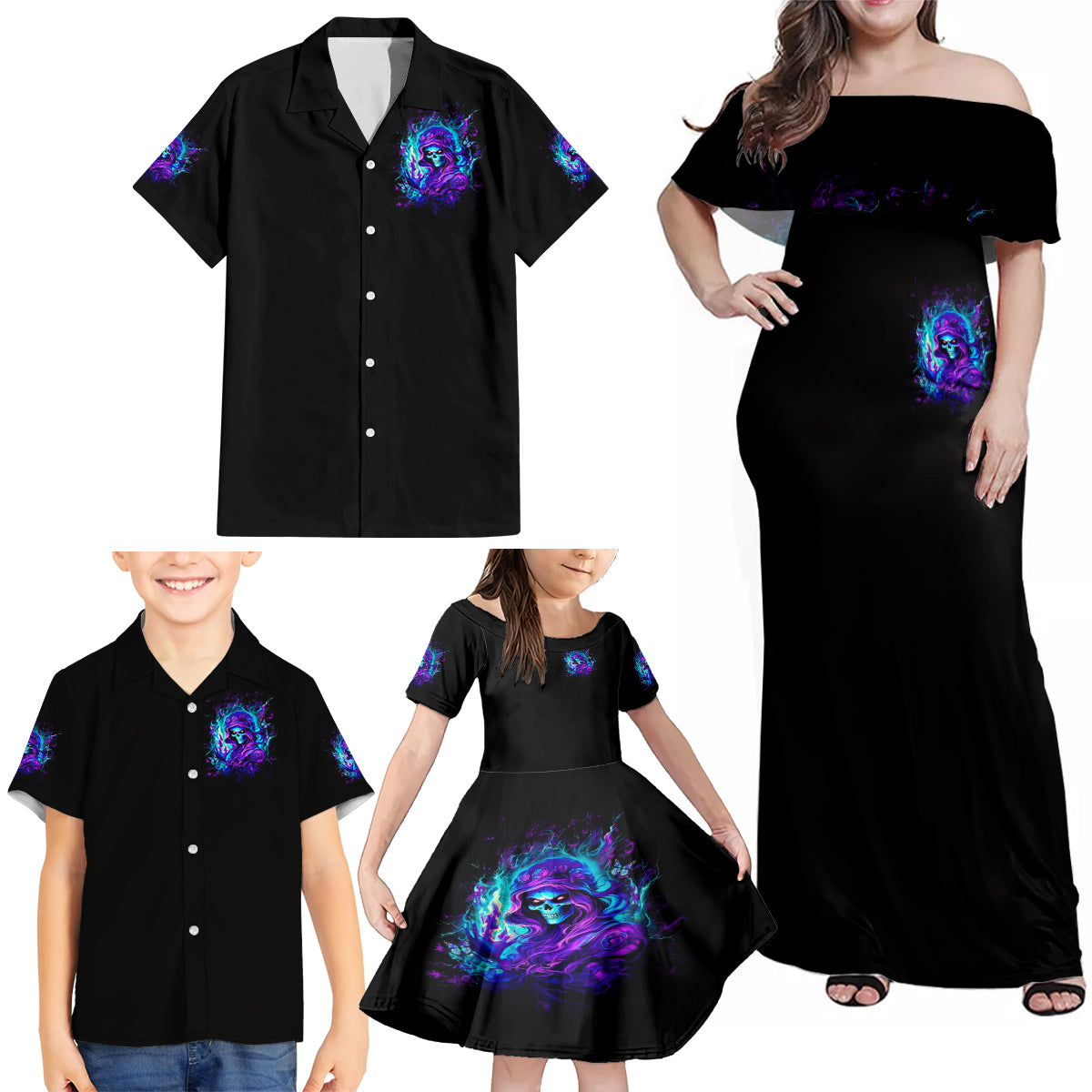 Flame Girl Skull Family Matching Off Shoulder Maxi Dress and Hawaiian Shirt The Good Girl In Me Got Tired Of The Bullshit - Wonder Print Shop