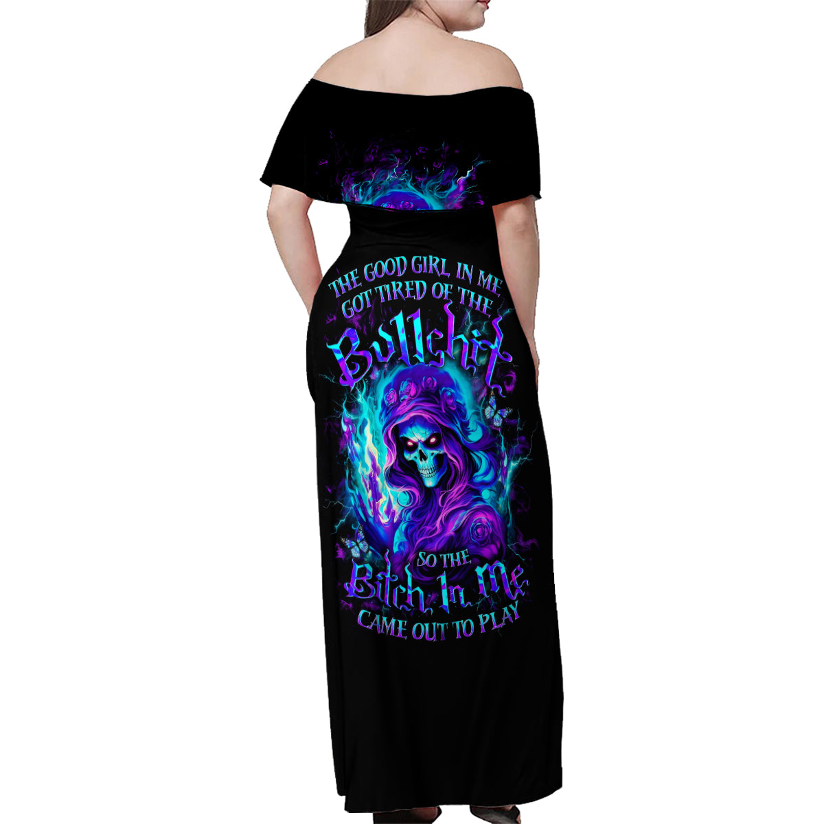 Flame Girl Skull Family Matching Off Shoulder Maxi Dress and Hawaiian Shirt The Good Girl In Me Got Tired Of The Bullshit - Wonder Print Shop