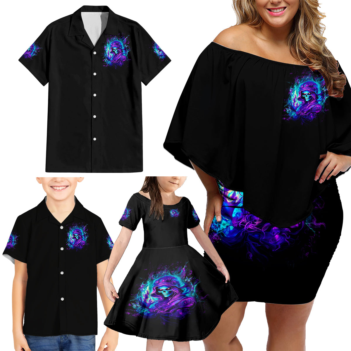 Flame Girl Skull Family Matching Off Shoulder Short Dress and Hawaiian Shirt The Good Girl In Me Got Tired Of The Bullshit - Wonder Print Shop