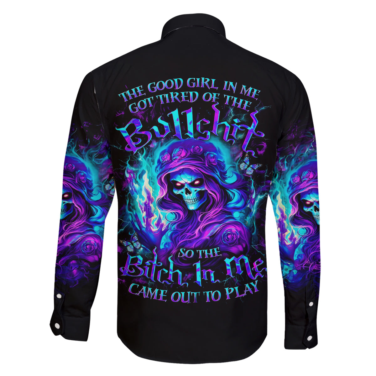 Flame Girl Skull Family Matching Off Shoulder Short Dress and Hawaiian Shirt The Good Girl In Me Got Tired Of The Bullshit - Wonder Print Shop