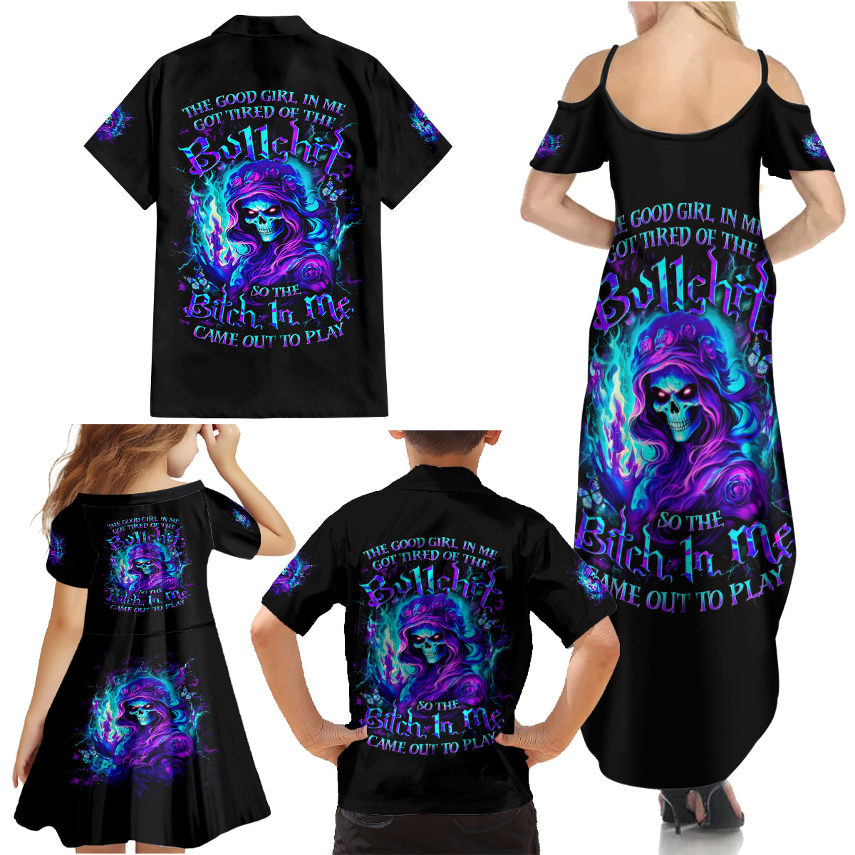 Flame Girl Skull Family Matching Summer Maxi Dress and Hawaiian Shirt The Good Girl In Me Got Tired Of The Bullshit - Wonder Print Shop