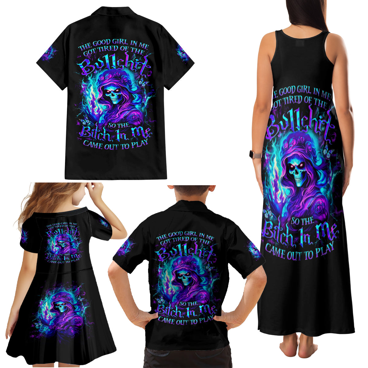 Flame Girl Skull Family Matching Tank Maxi Dress and Hawaiian Shirt The Good Girl In Me Got Tired Of The Bullshit - Wonder Print Shop