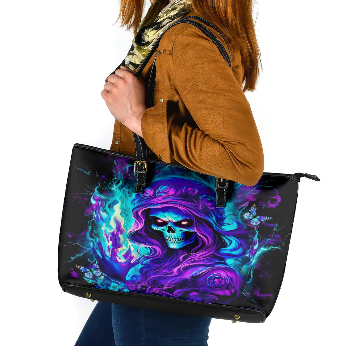 Flame Girl Skull Leather Tote Bag The Good Girl In Me Got Tired Of The Bullshit - Wonder Print Shop