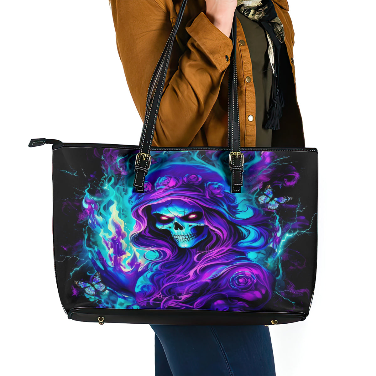 Flame Girl Skull Leather Tote Bag The Good Girl In Me Got Tired Of The Bullshit - Wonder Print Shop