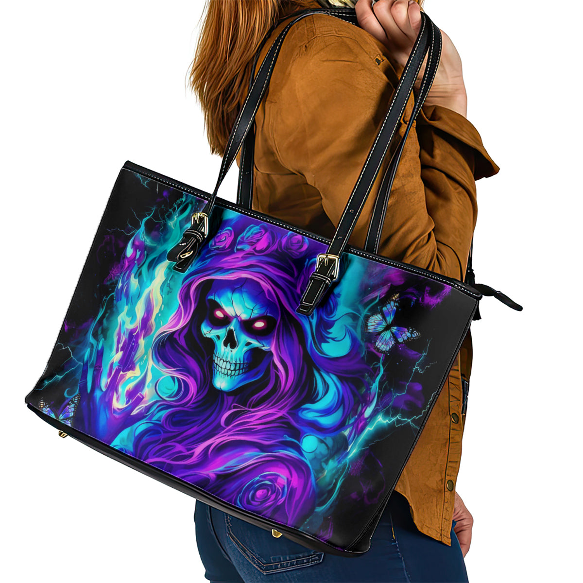 Flame Girl Skull Leather Tote Bag The Good Girl In Me Got Tired Of The Bullshit - Wonder Print Shop