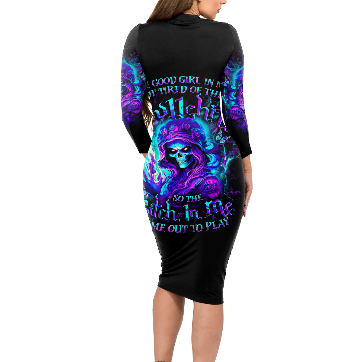 Flame Girl Skull Long Sleeve Bodycon Dress The Good Girl In Me Got Tired Of The Bullshit - Wonder Print Shop