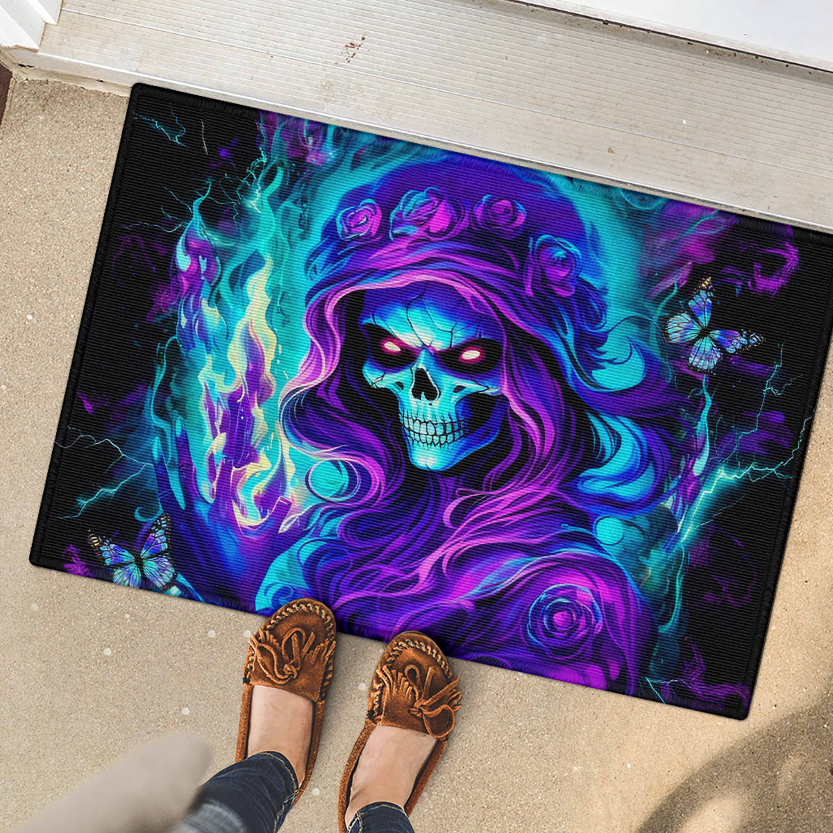 Flame Girl Skull Rubber Doormat The Good Girl In Me Got Tired Of The Bullshit - Wonder Print Shop