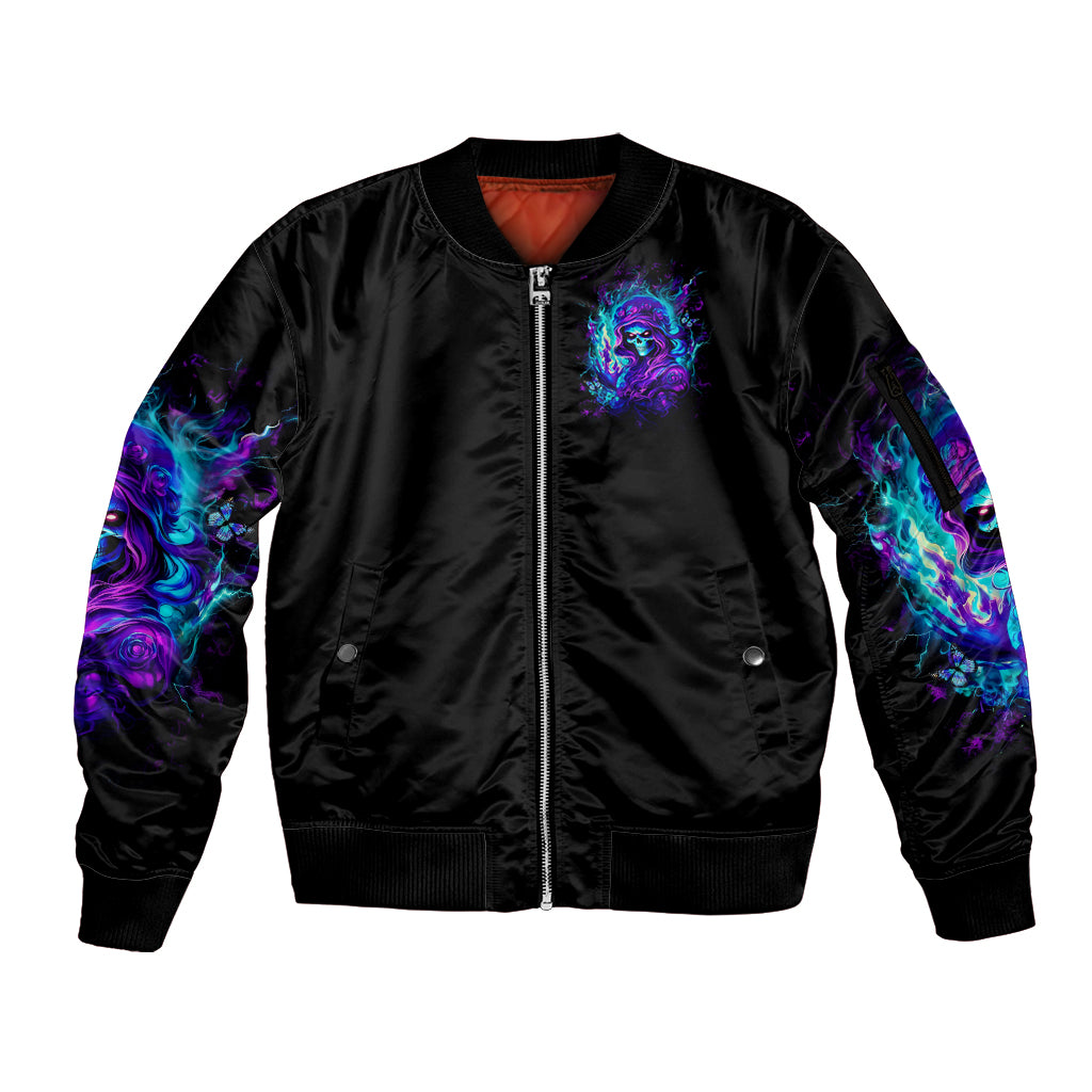 Flame Girl Skull Sleeve Zip Bomber Jacket The Good Girl In Me Got Tired Of The Bullshit - Wonder Print Shop