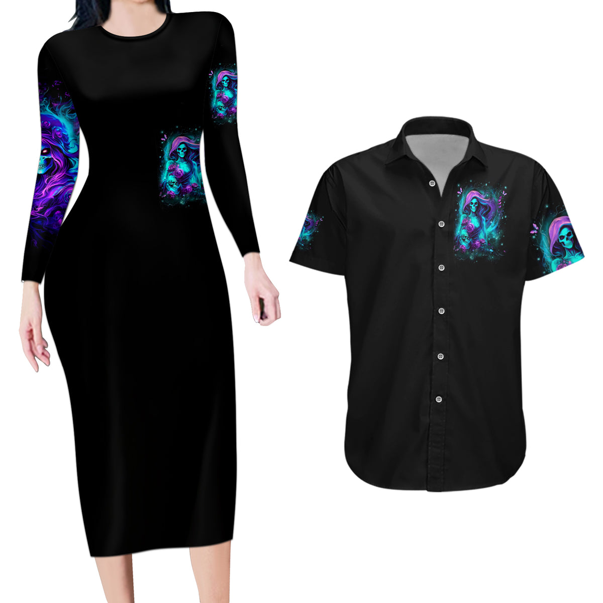 Flame Girl Skull Couples Matching Long Sleeve Bodycon Dress and Hawaiian Shirt The Good Girl In Me Got Tired Of The Bullshit - Wonder Print Shop