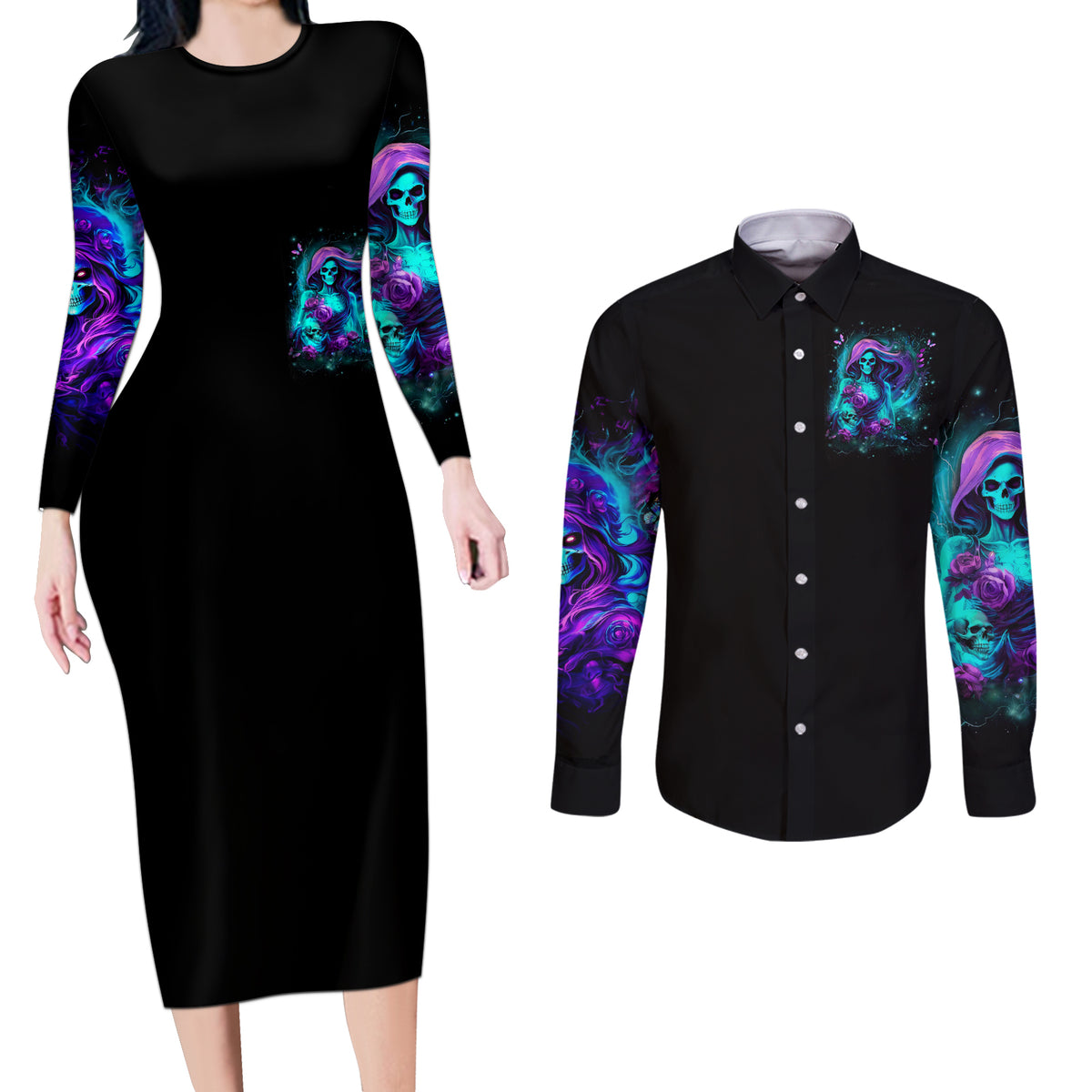 Flame Girl Skull Couples Matching Long Sleeve Bodycon Dress and Long Sleeve Button Shirt The Good Girl In Me Got Tired Of The Bullshit - Wonder Print Shop