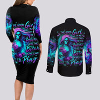 Flame Girl Skull Couples Matching Long Sleeve Bodycon Dress and Long Sleeve Button Shirt The Good Girl In Me Got Tired Of The Bullshit - Wonder Print Shop