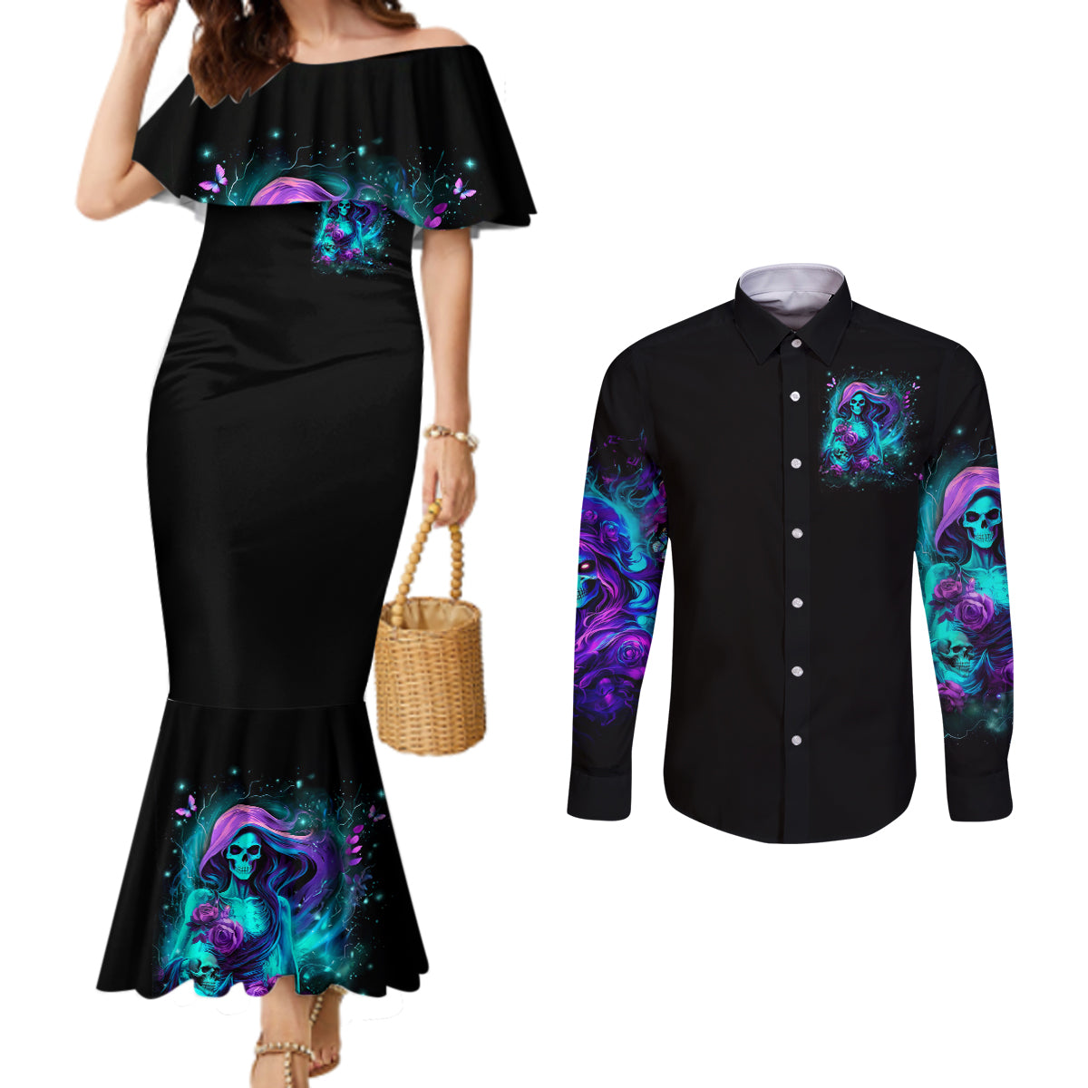 Flame Girl Skull Couples Matching Mermaid Dress and Long Sleeve Button Shirt The Good Girl In Me Got Tired Of The Bullshit
