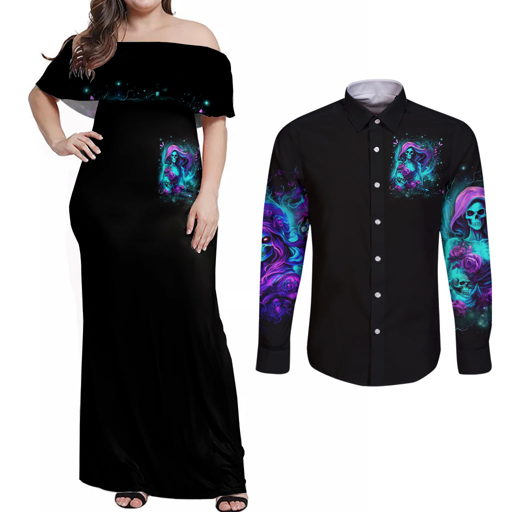Flame Girl Skull Couples Matching Off Shoulder Maxi Dress and Long Sleeve Button Shirt The Good Girl In Me Got Tired Of The Bullshit - Wonder Print Shop
