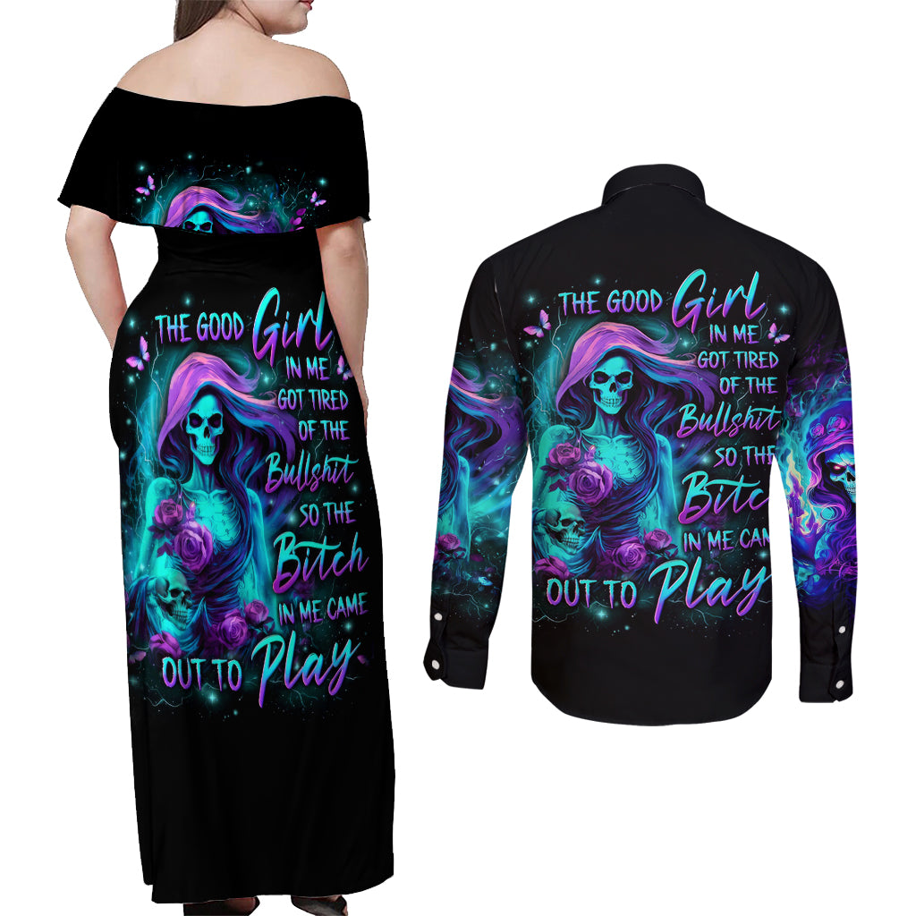 Flame Girl Skull Couples Matching Off Shoulder Maxi Dress and Long Sleeve Button Shirt The Good Girl In Me Got Tired Of The Bullshit - Wonder Print Shop