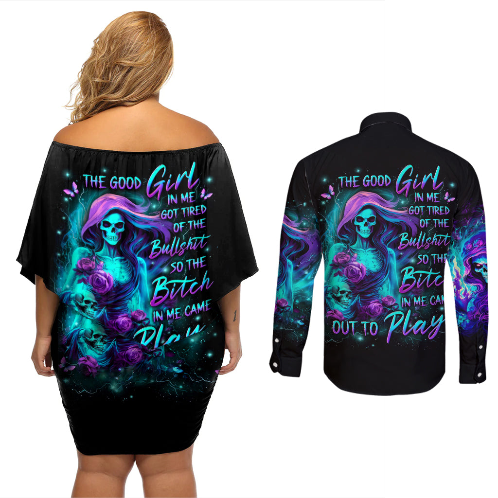 Flame Girl Skull Couples Matching Off Shoulder Short Dress and Long Sleeve Button Shirt The Good Girl In Me Got Tired Of The Bullshit - Wonder Print Shop