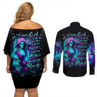 Flame Girl Skull Couples Matching Off Shoulder Short Dress and Long Sleeve Button Shirt The Good Girl In Me Got Tired Of The Bullshit - Wonder Print Shop