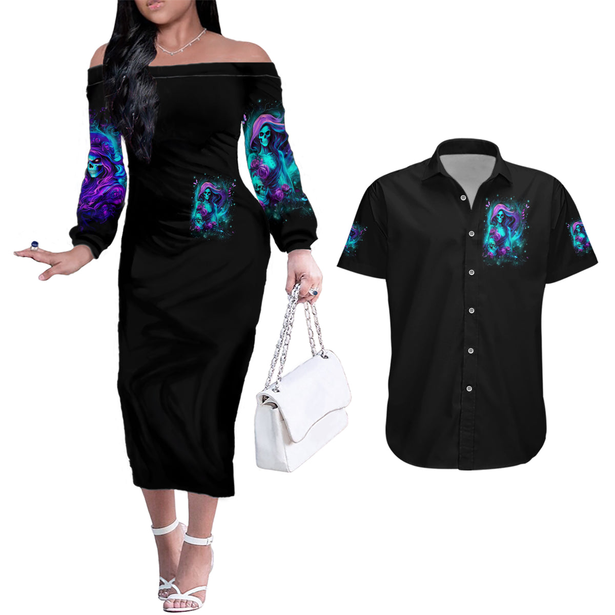 Flame Girl Skull Couples Matching Off The Shoulder Long Sleeve Dress and Hawaiian Shirt The Good Girl In Me Got Tired Of The Bullshit - Wonder Print Shop