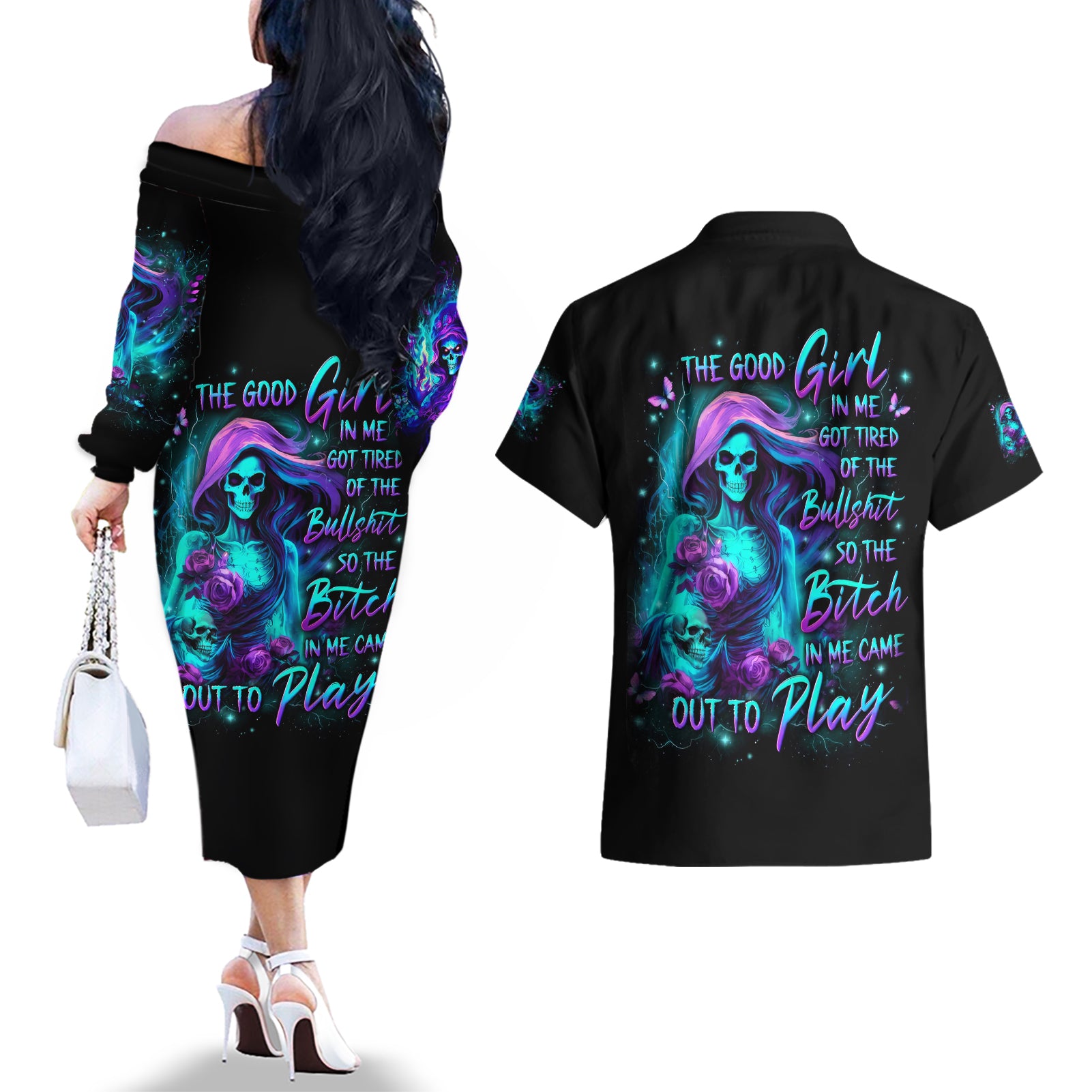 Flame Girl Skull Couples Matching Off The Shoulder Long Sleeve Dress and Hawaiian Shirt The Good Girl In Me Got Tired Of The Bullshit - Wonder Print Shop