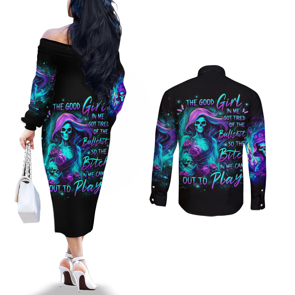 Flame Girl Skull Couples Matching Off The Shoulder Long Sleeve Dress and Long Sleeve Button Shirt The Good Girl In Me Got Tired Of The Bullshit
