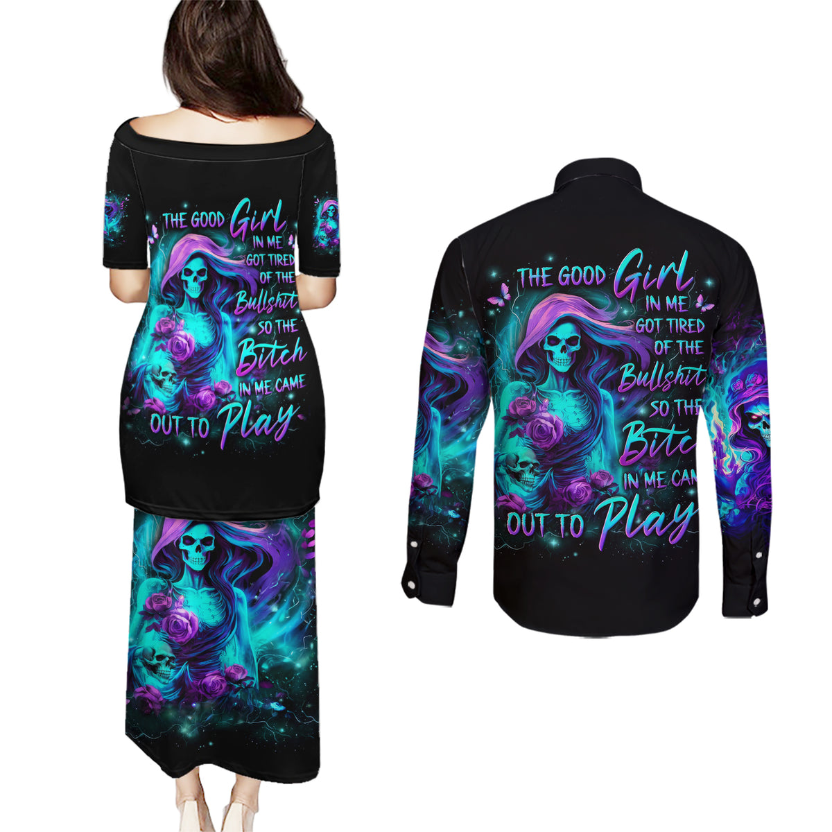 Flame Girl Skull Couples Matching Puletasi and Long Sleeve Button Shirt The Good Girl In Me Got Tired Of The Bullshit - Wonder Print Shop