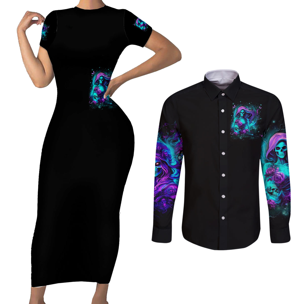 Flame Girl Skull Couples Matching Short Sleeve Bodycon Dress and Long Sleeve Button Shirt The Good Girl In Me Got Tired Of The Bullshit - Wonder Print Shop