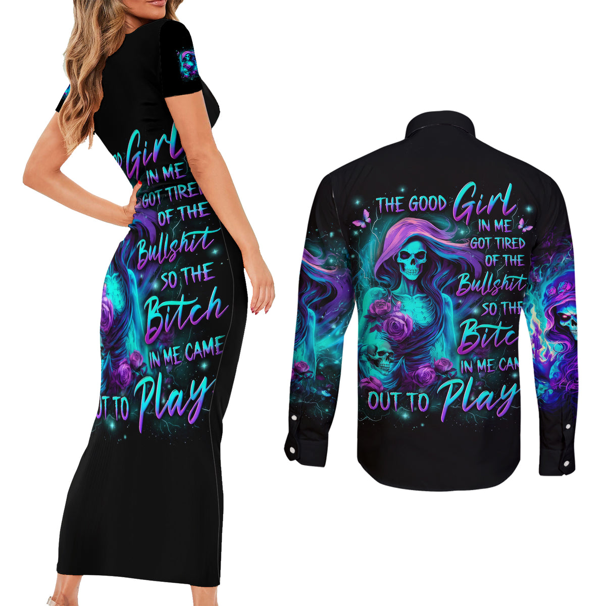 Flame Girl Skull Couples Matching Short Sleeve Bodycon Dress and Long Sleeve Button Shirt The Good Girl In Me Got Tired Of The Bullshit - Wonder Print Shop
