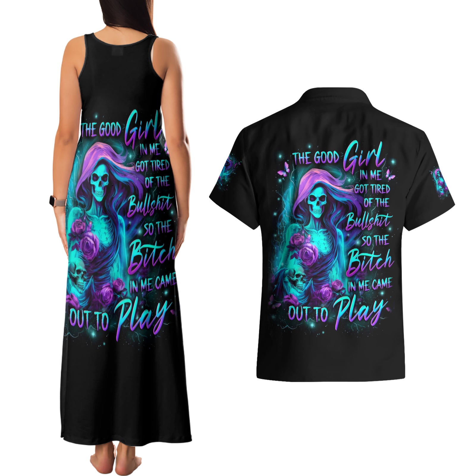 Flame Girl Skull Couples Matching Tank Maxi Dress and Hawaiian Shirt The Good Girl In Me Got Tired Of The Bullshit - Wonder Print Shop