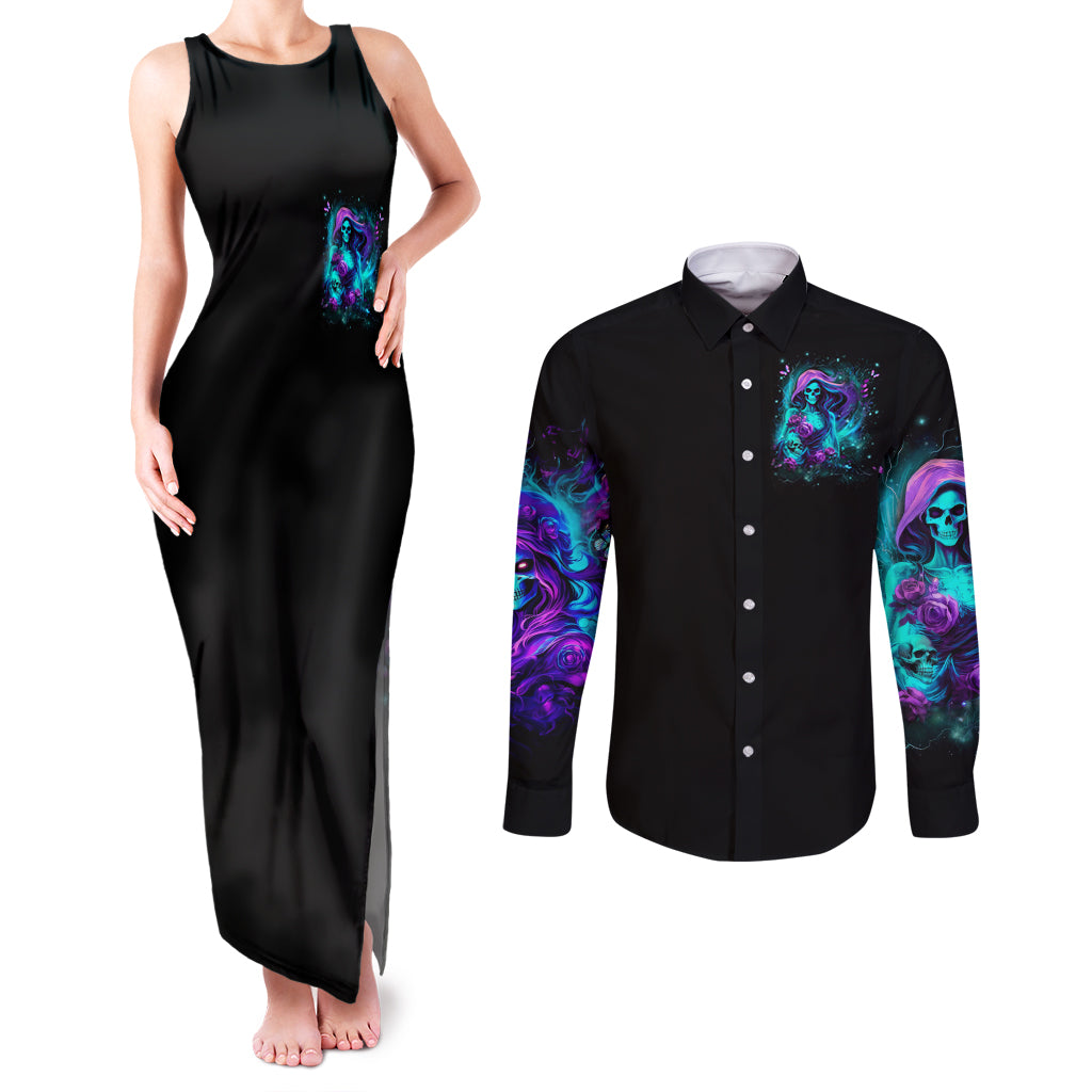 Flame Girl Skull Couples Matching Tank Maxi Dress and Long Sleeve Button Shirt The Good Girl In Me Got Tired Of The Bullshit - Wonder Print Shop