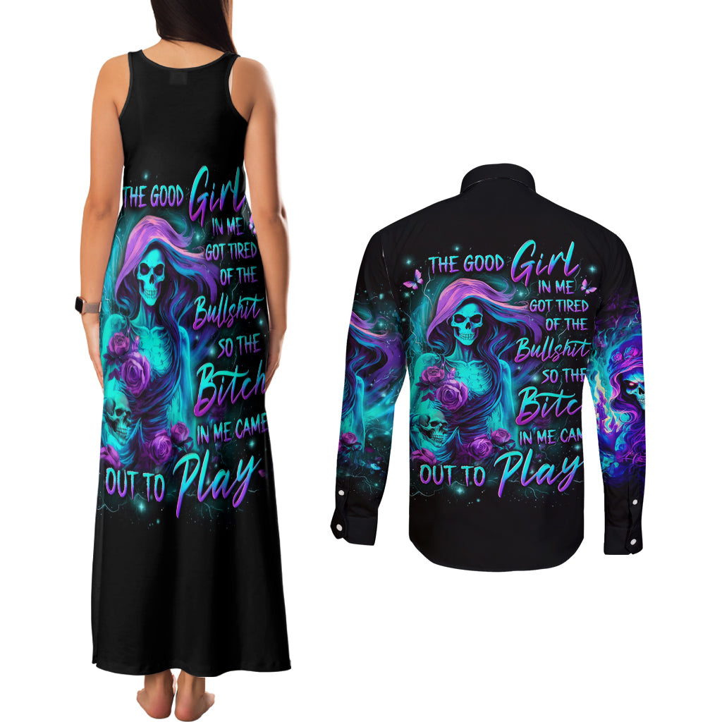 Flame Girl Skull Couples Matching Tank Maxi Dress and Long Sleeve Button Shirt The Good Girl In Me Got Tired Of The Bullshit - Wonder Print Shop