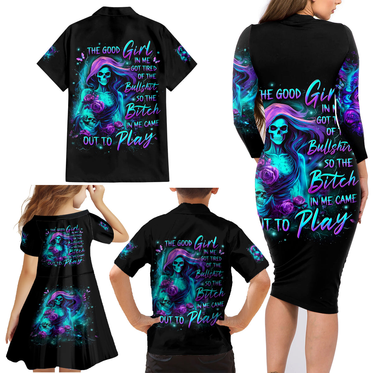 Flame Girl Skull Family Matching Long Sleeve Bodycon Dress and Hawaiian Shirt The Good Girl In Me Got Tired Of The Bullshit - Wonder Print Shop