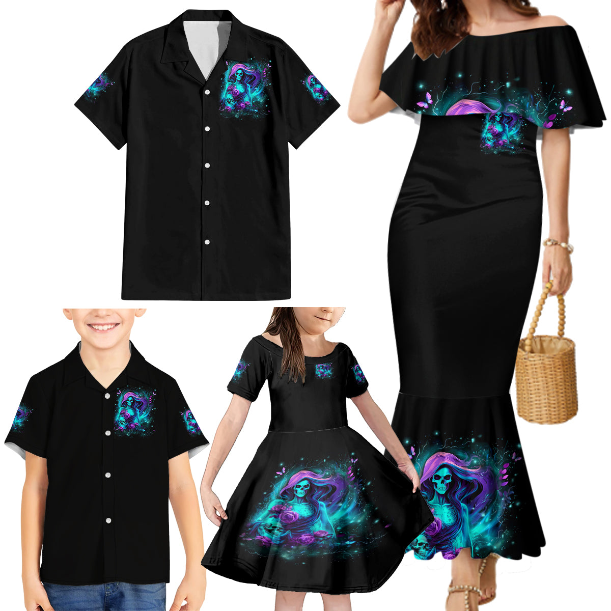 Flame Girl Skull Family Matching Mermaid Dress and Hawaiian Shirt The Good Girl In Me Got Tired Of The Bullshit - Wonder Print Shop