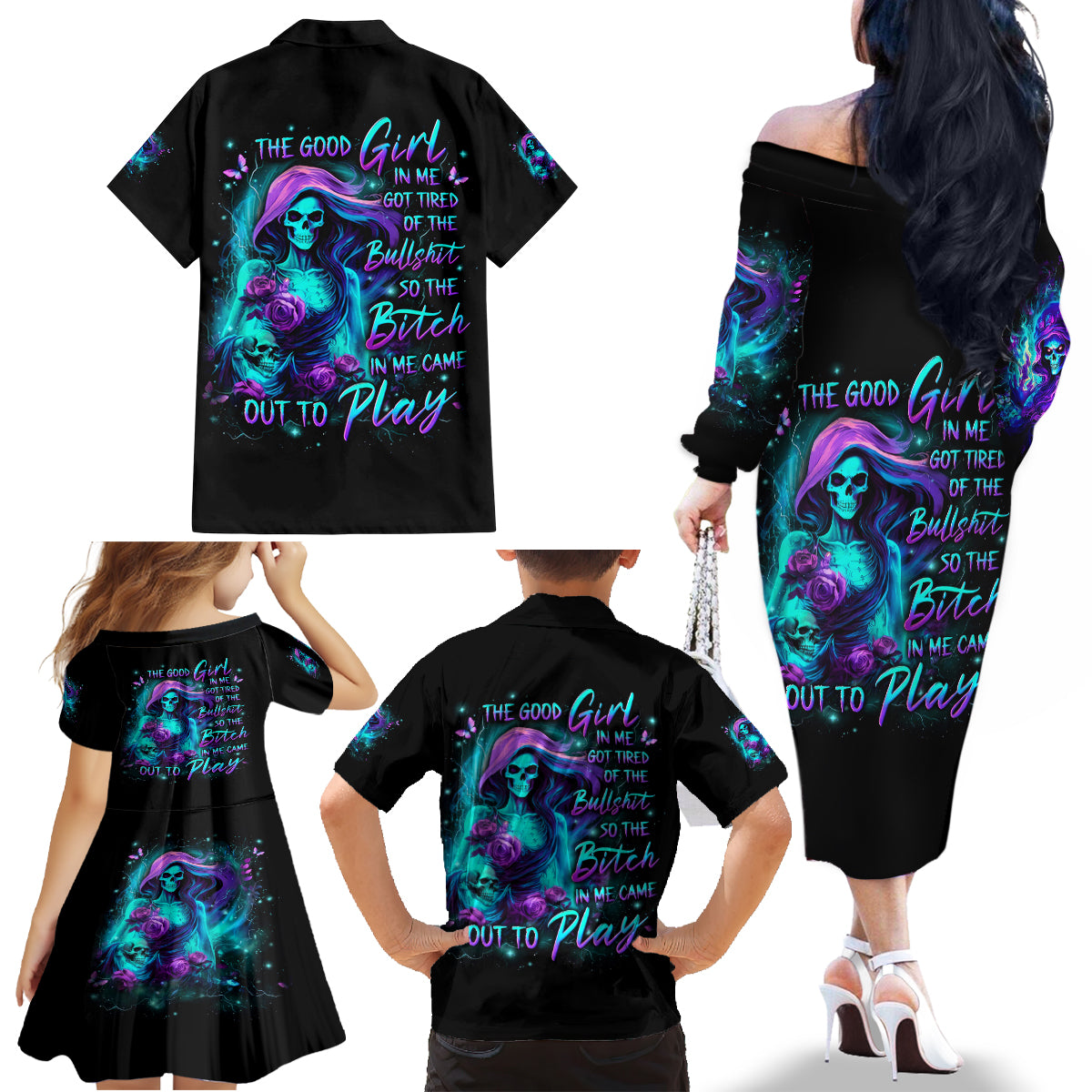 Flame Girl Skull Family Matching Off Shoulder Long Sleeve Dress and Hawaiian Shirt The Good Girl In Me Got Tired Of The Bullshit - Wonder Print Shop