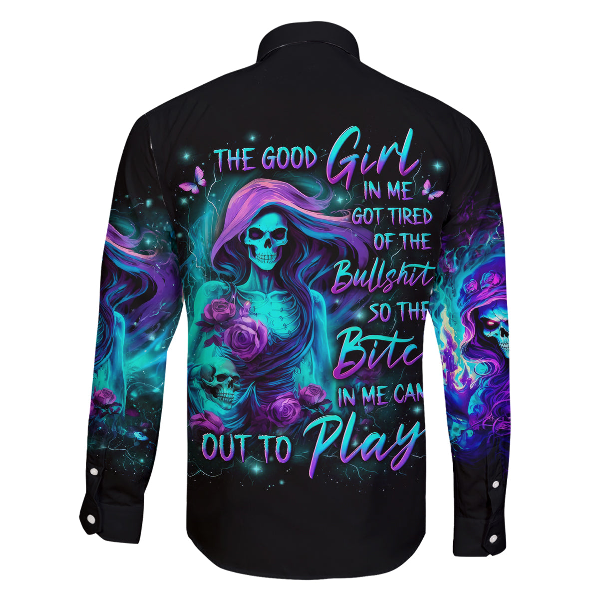Flame Girl Skull Family Matching Off Shoulder Long Sleeve Dress and Hawaiian Shirt The Good Girl In Me Got Tired Of The Bullshit - Wonder Print Shop