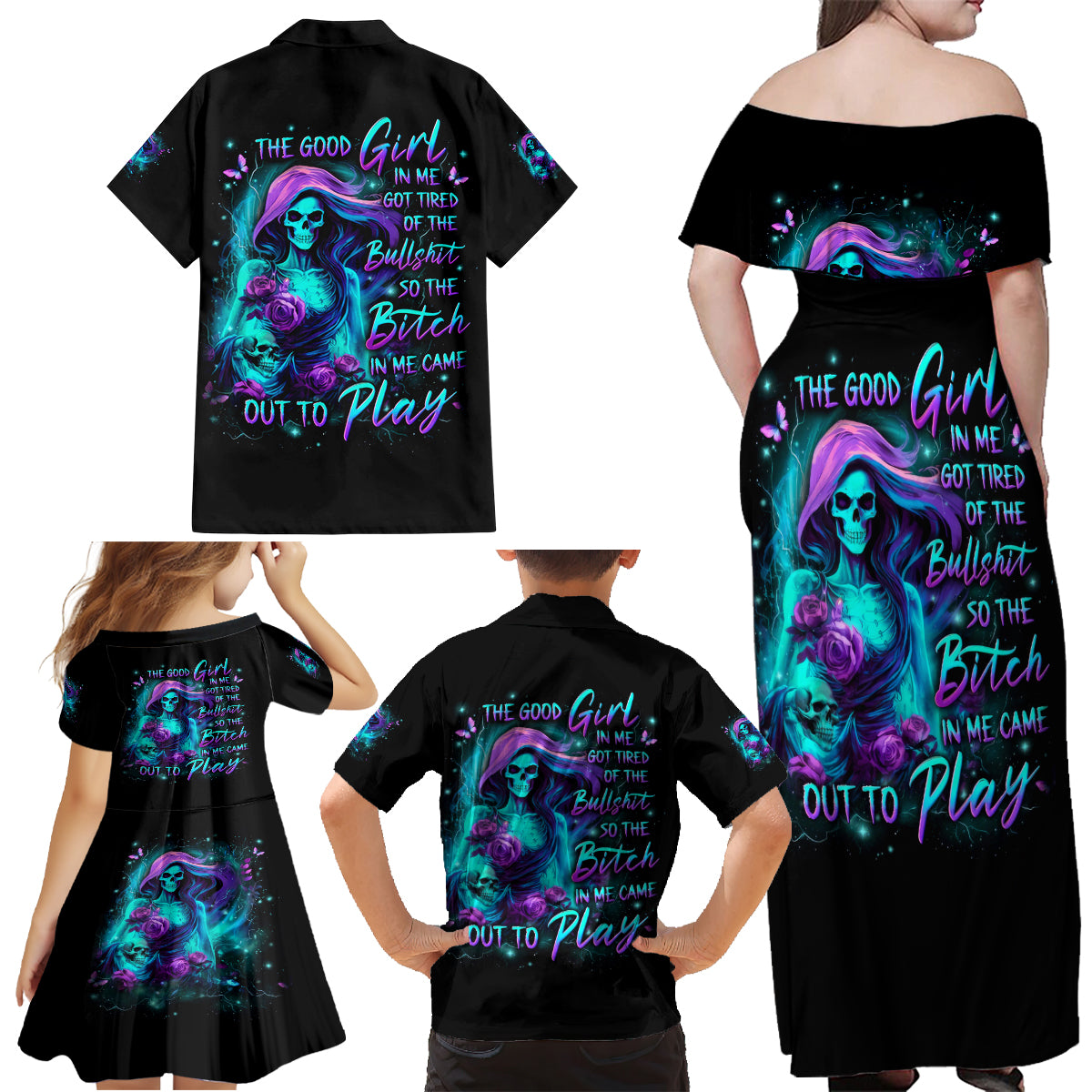 Flame Girl Skull Family Matching Off Shoulder Maxi Dress and Hawaiian Shirt The Good Girl In Me Got Tired Of The Bullshit - Wonder Print Shop