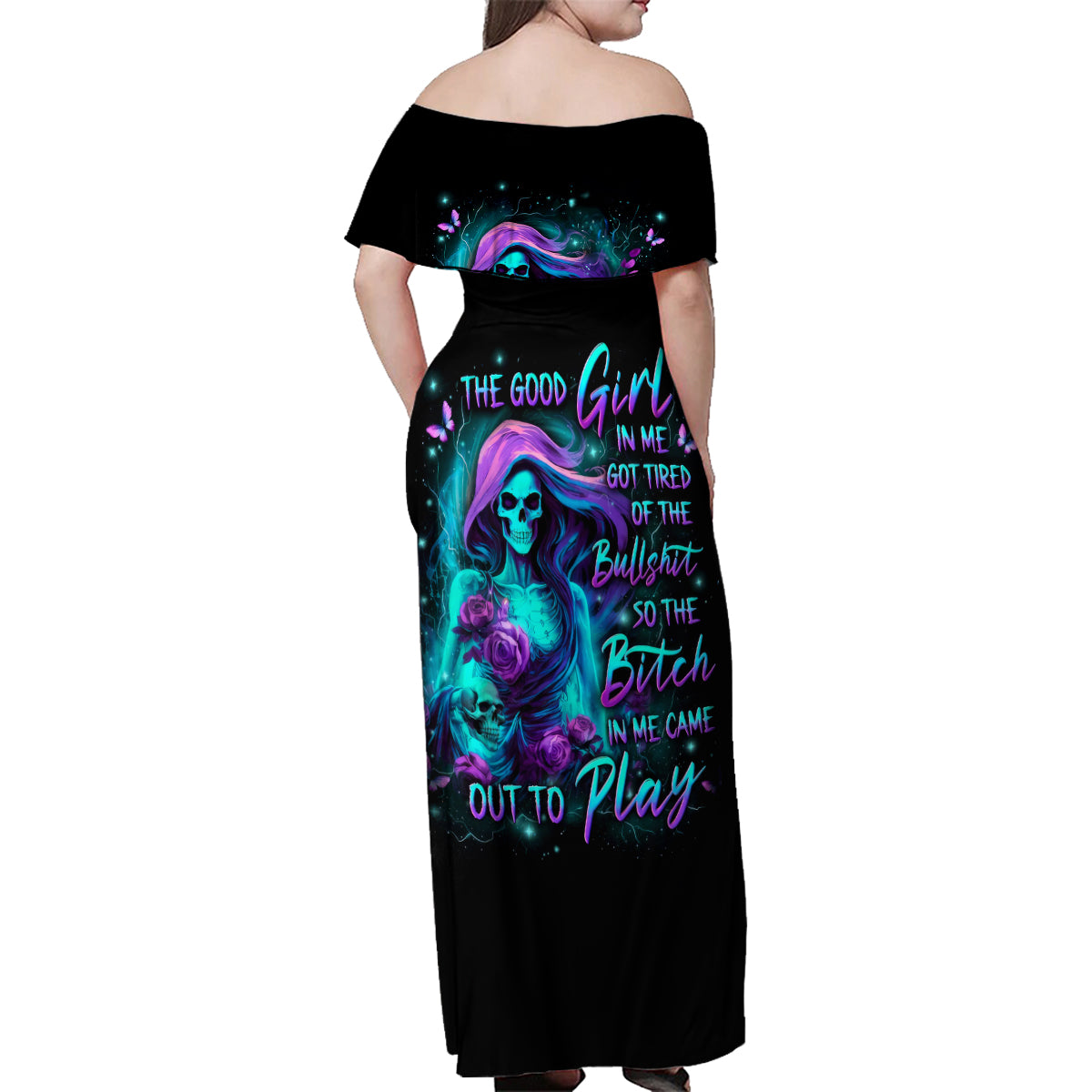 Flame Girl Skull Family Matching Off Shoulder Maxi Dress and Hawaiian Shirt The Good Girl In Me Got Tired Of The Bullshit - Wonder Print Shop