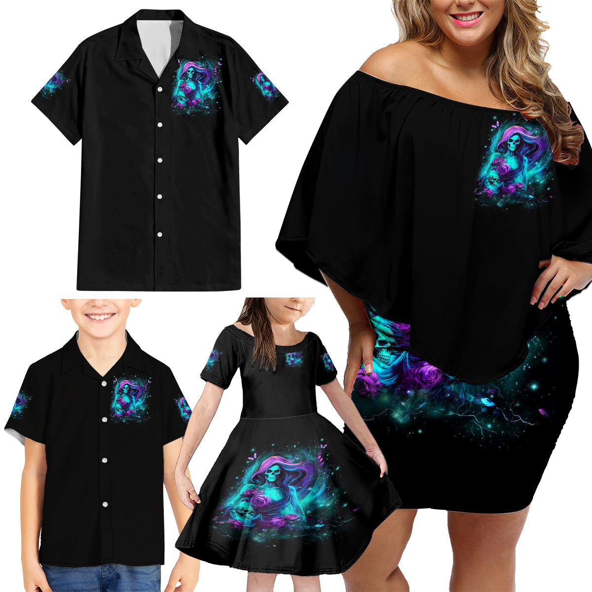 Flame Girl Skull Family Matching Off Shoulder Short Dress and Hawaiian Shirt The Good Girl In Me Got Tired Of The Bullshit - Wonder Print Shop