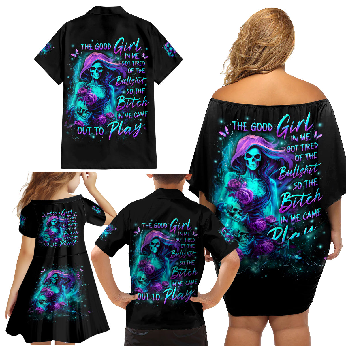 Flame Girl Skull Family Matching Off Shoulder Short Dress and Hawaiian Shirt The Good Girl In Me Got Tired Of The Bullshit - Wonder Print Shop