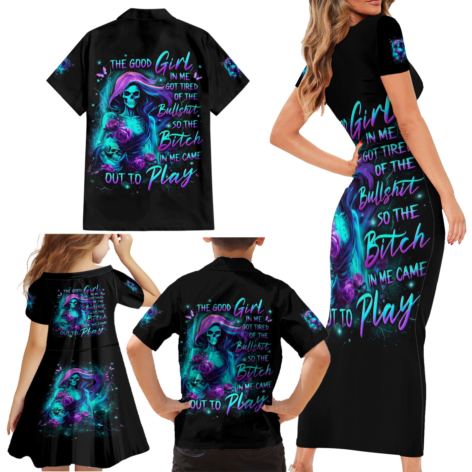 Flame Girl Skull Family Matching Short Sleeve Bodycon Dress and Hawaiian Shirt The Good Girl In Me Got Tired Of The Bullshit - Wonder Print Shop