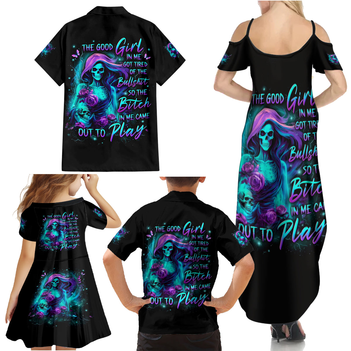 Flame Girl Skull Family Matching Summer Maxi Dress and Hawaiian Shirt The Good Girl In Me Got Tired Of The Bullshit - Wonder Print Shop