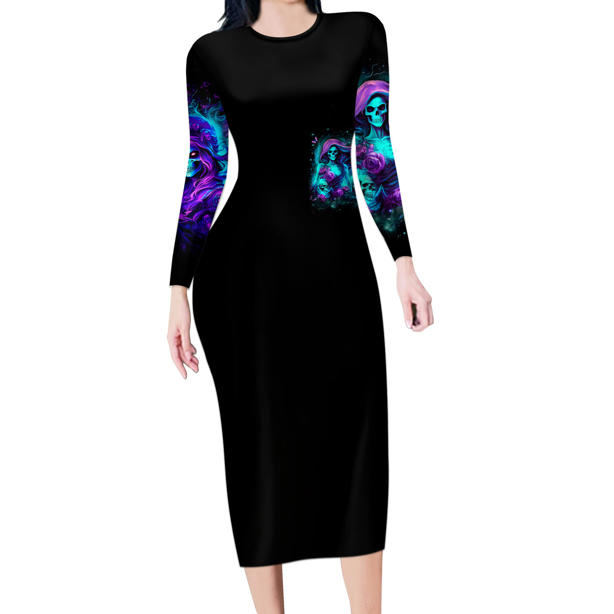 Flame Girl Skull Long Sleeve Bodycon Dress The Good Girl In Me Got Tired Of The Bullshit - Wonder Print Shop