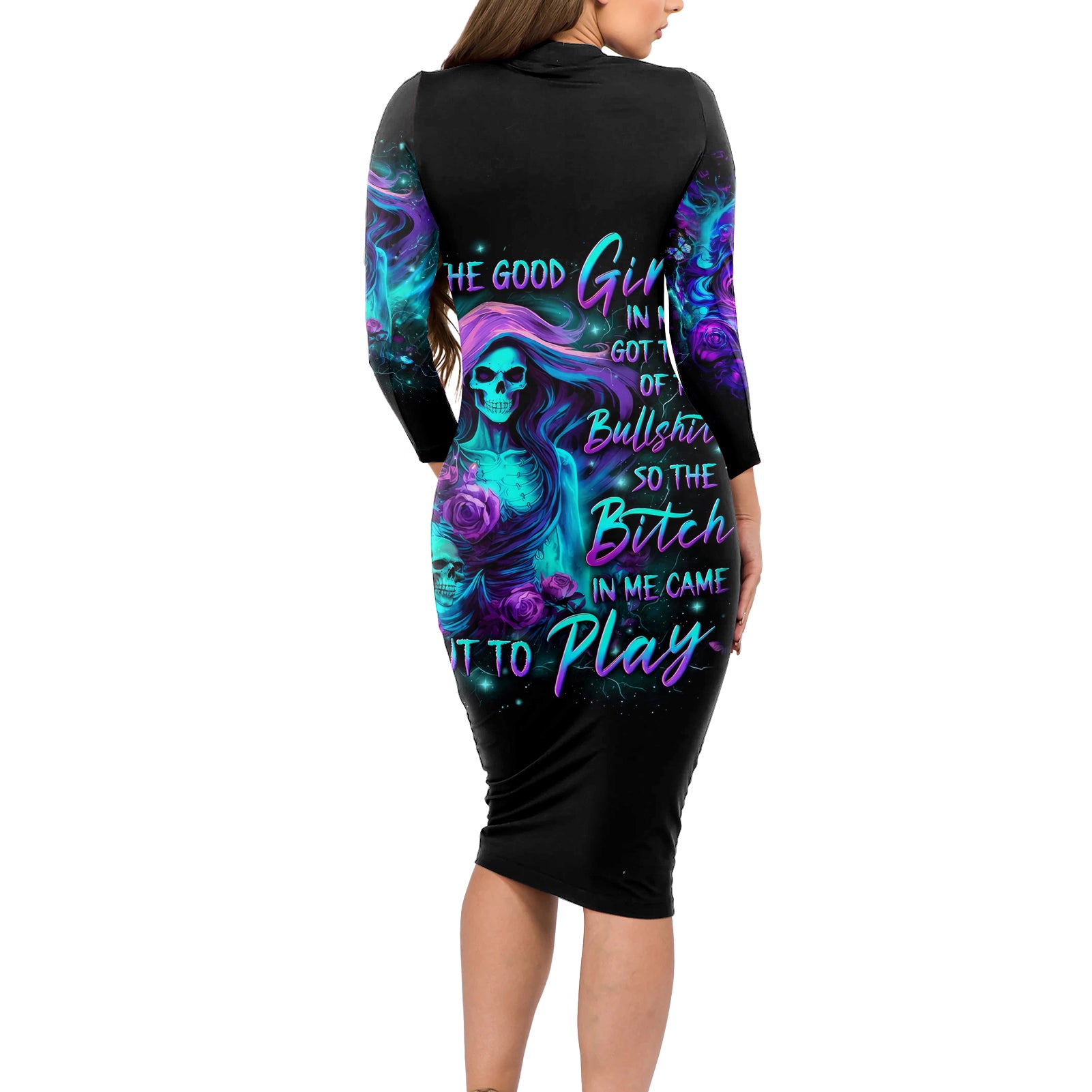Flame Girl Skull Long Sleeve Bodycon Dress The Good Girl In Me Got Tired Of The Bullshit - Wonder Print Shop