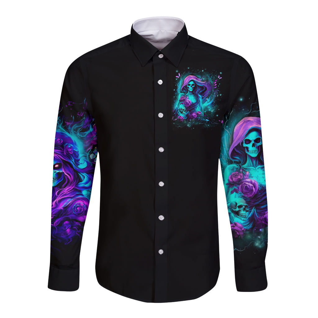 Flame Girl Skull Long Sleeve Button Shirt The Good Girl In Me Got Tired Of The Bullshit - Wonder Print Shop