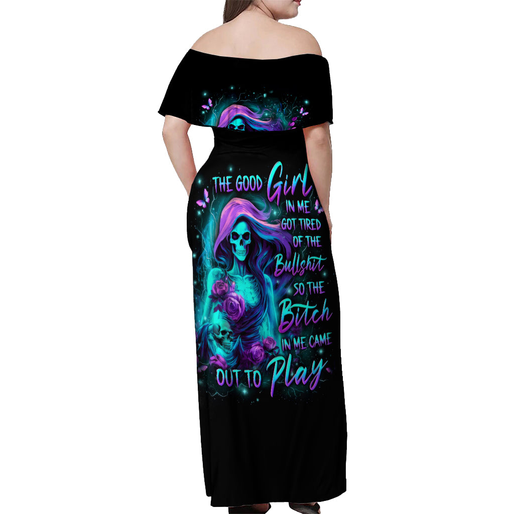 Flame Girl Skull Off Shoulder Maxi Dress The Good Girl In Me Got Tired Of The Bullshit - Wonder Print Shop